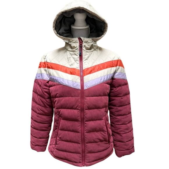 YO COLORADO Hooded Puffer Jacket Colorblock Retro Stripe Maroon Beige S/M - Picture 2 of 11